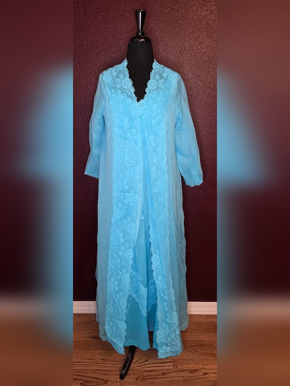 Sheer Vintage 60s/70s Light Blue Lace-Trim Long Gown And Robe